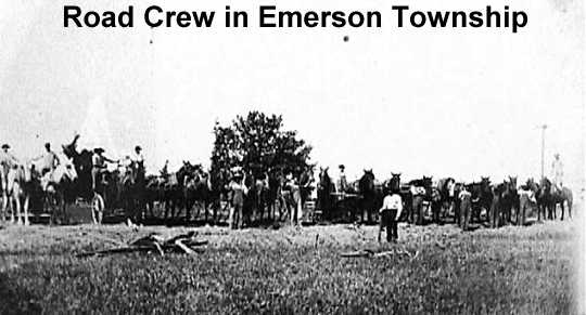 Historical road crew with horses in Emerson Township.
